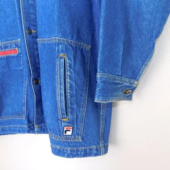 Vintage FILA Denim Jacket Adult M USA Made Rare 90s Jean Button Up Faded Casual